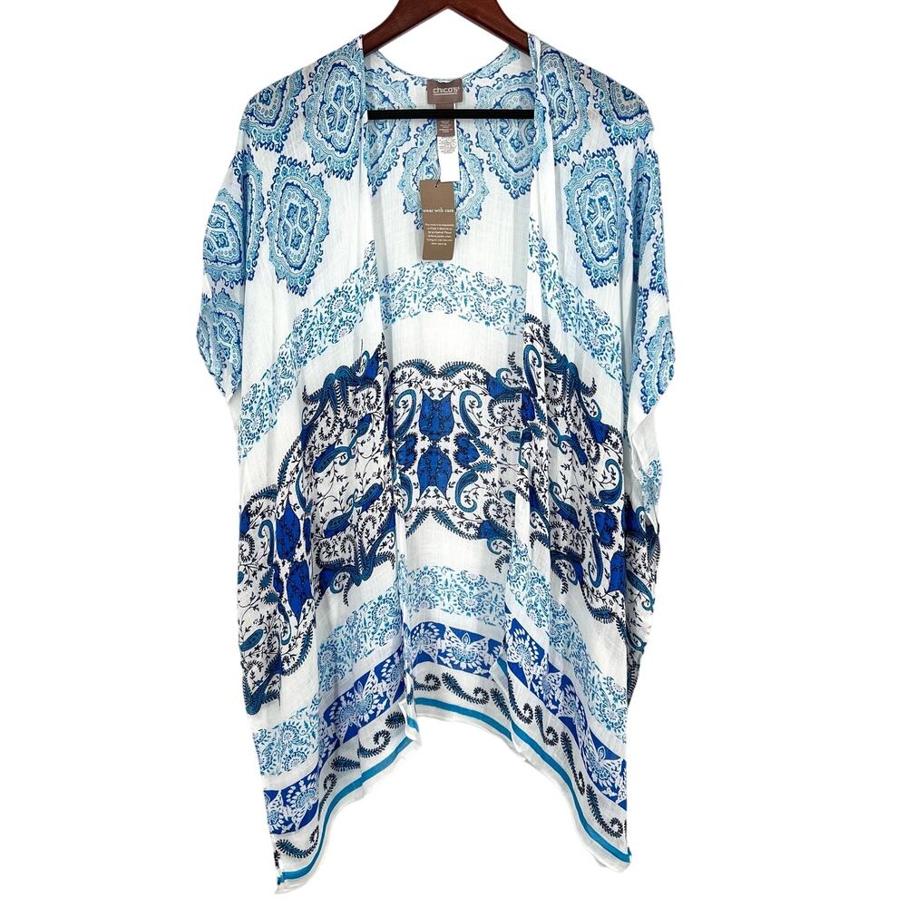 NEW NWT Chicos S/M Small Medium 0/1 Blue Kimono Tropical Blouse Shirt Top Beach